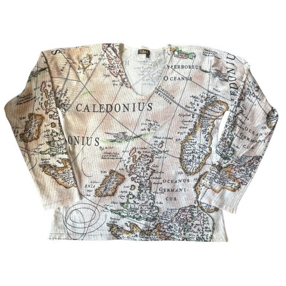 UBU Map‎ Print V Neck Long Sleeve Women's Top XL